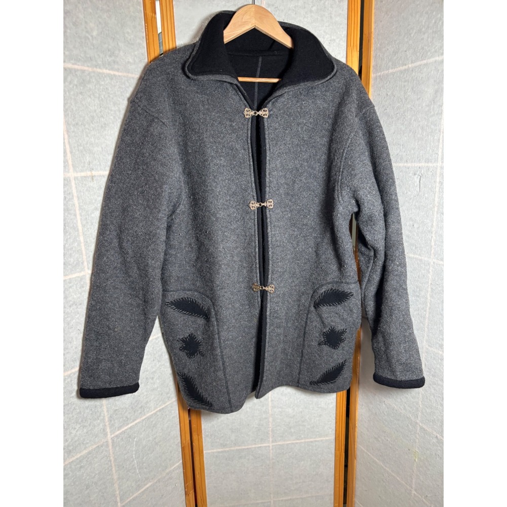 Indigenous Designs Women's Wool Reversible Jacket Grey Black Leaf Applique Sz L‎